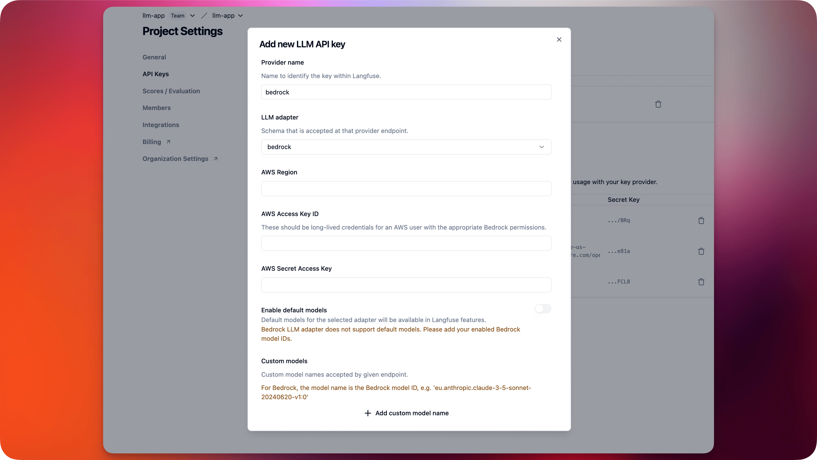 Adding Amazon Bedrock API key in Langfuse